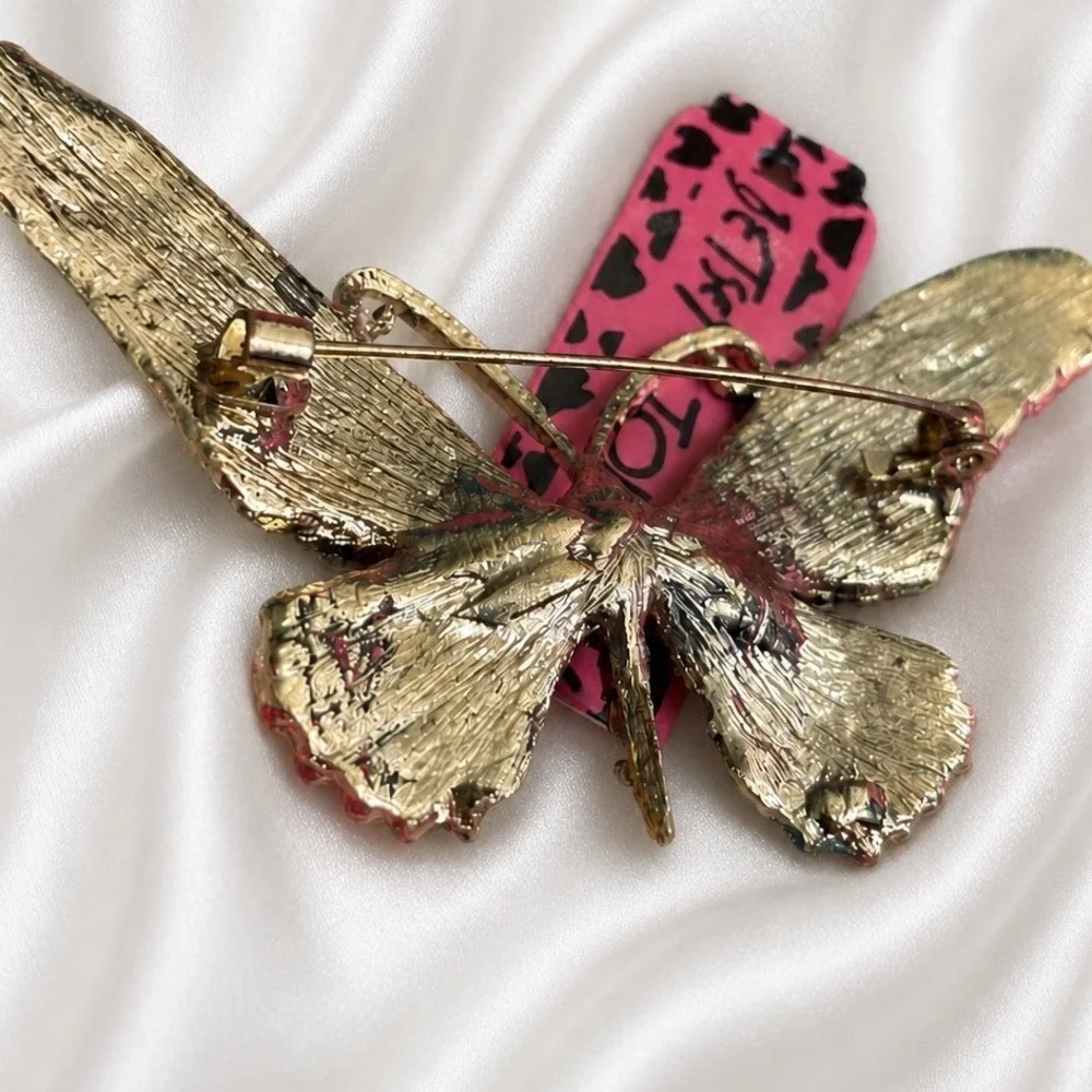 Betsey Johnson Multicolored Rhinestone Butterfly Brooch Gold Tone Statement Pin